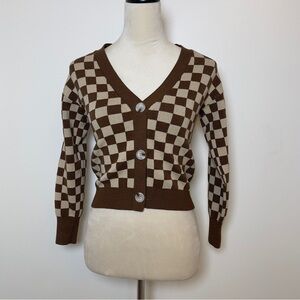 Vintage-Inspired Brown & Cream Checkerboard Cropped Cardigan Women XS